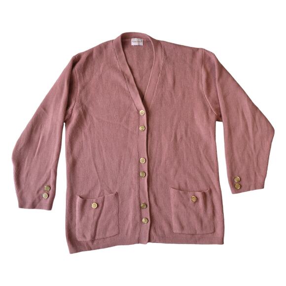 Vintage Bobbie Brooks Pink Knit Cardigan | 80s Retro Sweater with Gold Buttons - Picture 1 of 7